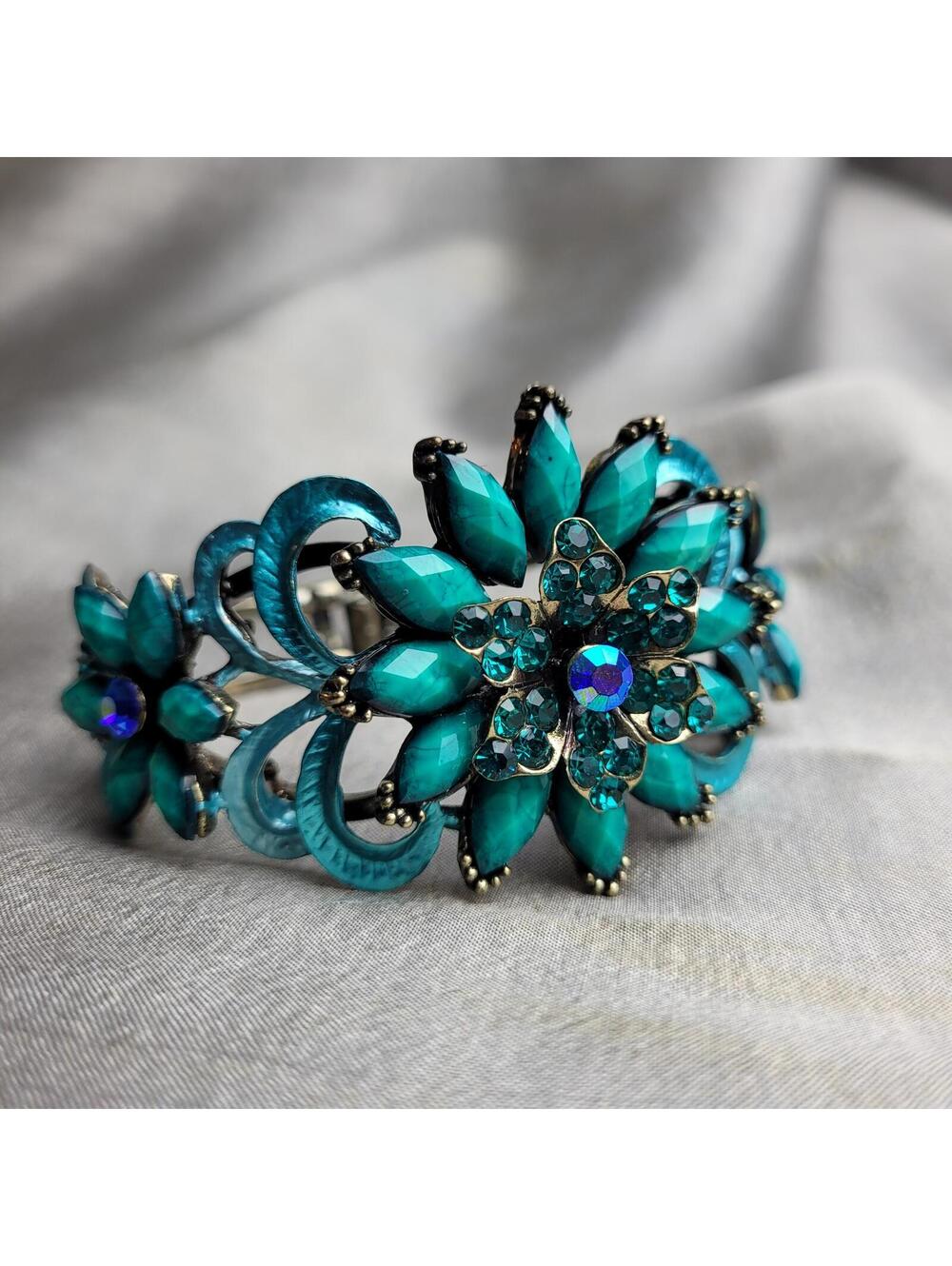 Vintage Teal Floral Rhinestone Enamel Cuff Bracelet